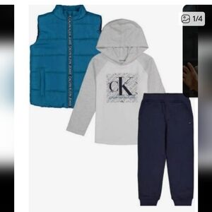 Calvin Klein Boys 3-piece Vest Set Blue Vest, Long Sleeve Hooded Top, Jogger Set